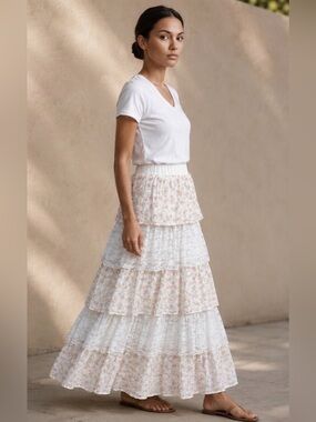 Rosie Posie Tiered Lace Floral Maxi Skirt Cotton Blend Boho NWT Small Elastic